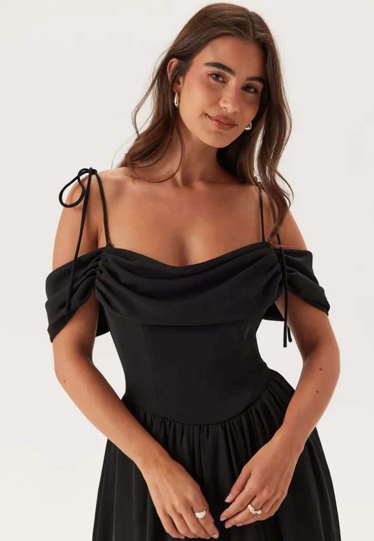 Draped Off Shoulder Corset Midi Dress