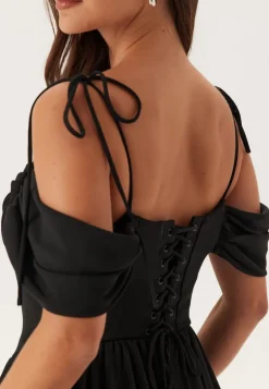 Draped Off Shoulder Corset Midi Dress