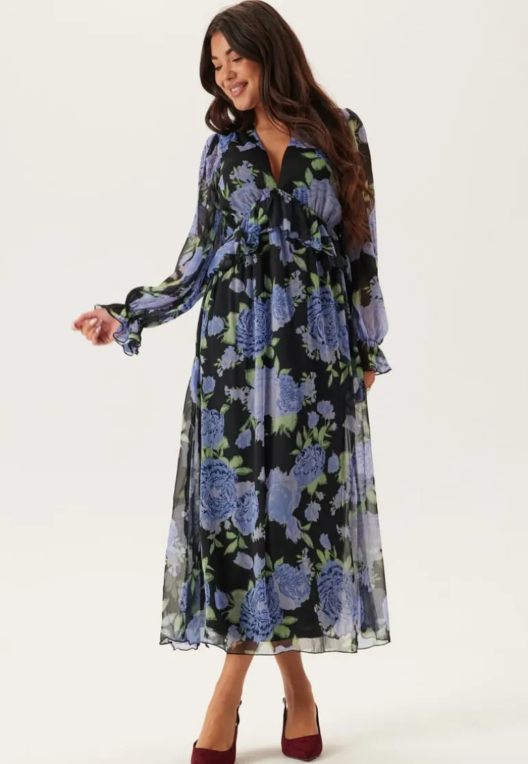 Frill L/S Chiffon Midi Dress