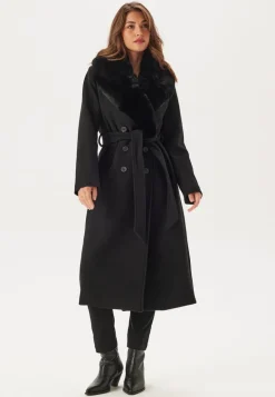 Fur Collar Belted Wool Blend Coat