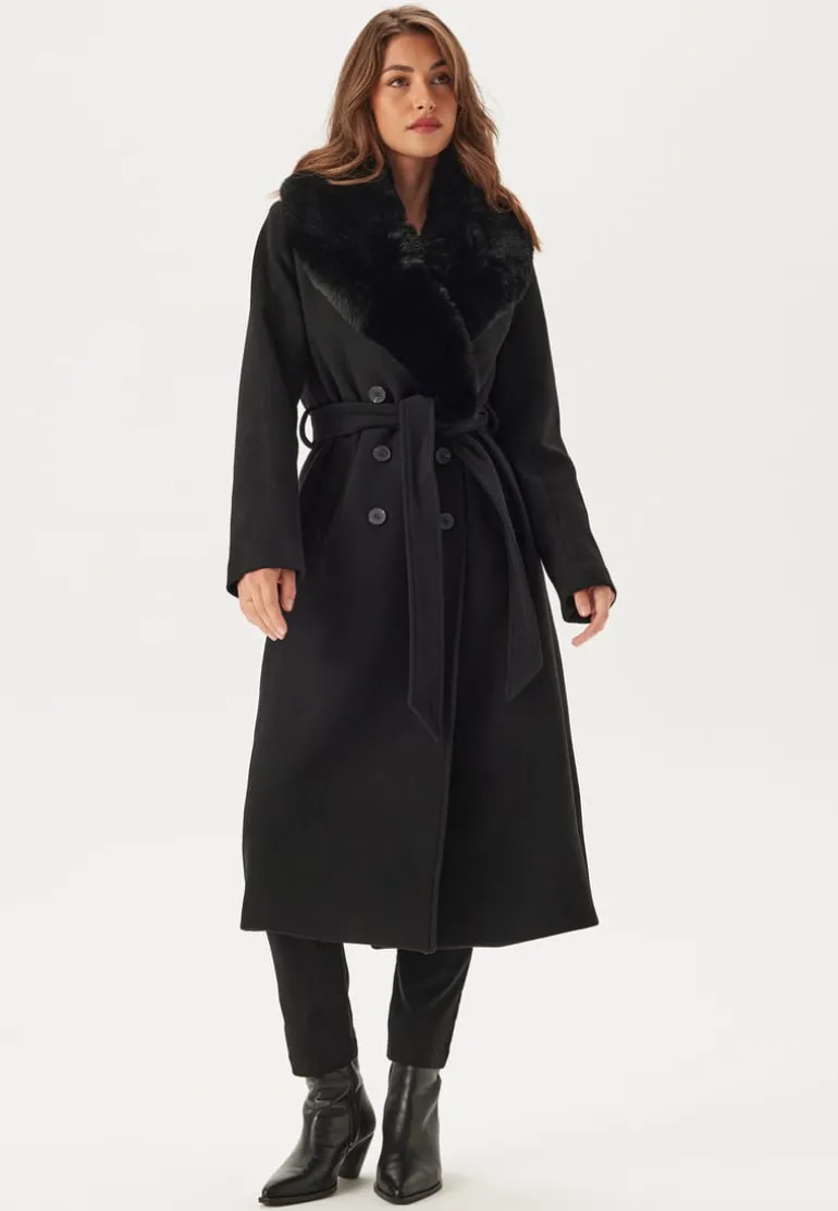 Fur Collar Belted Wool Blend Coat