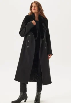 Fur Collar Belted Wool Blend Coat