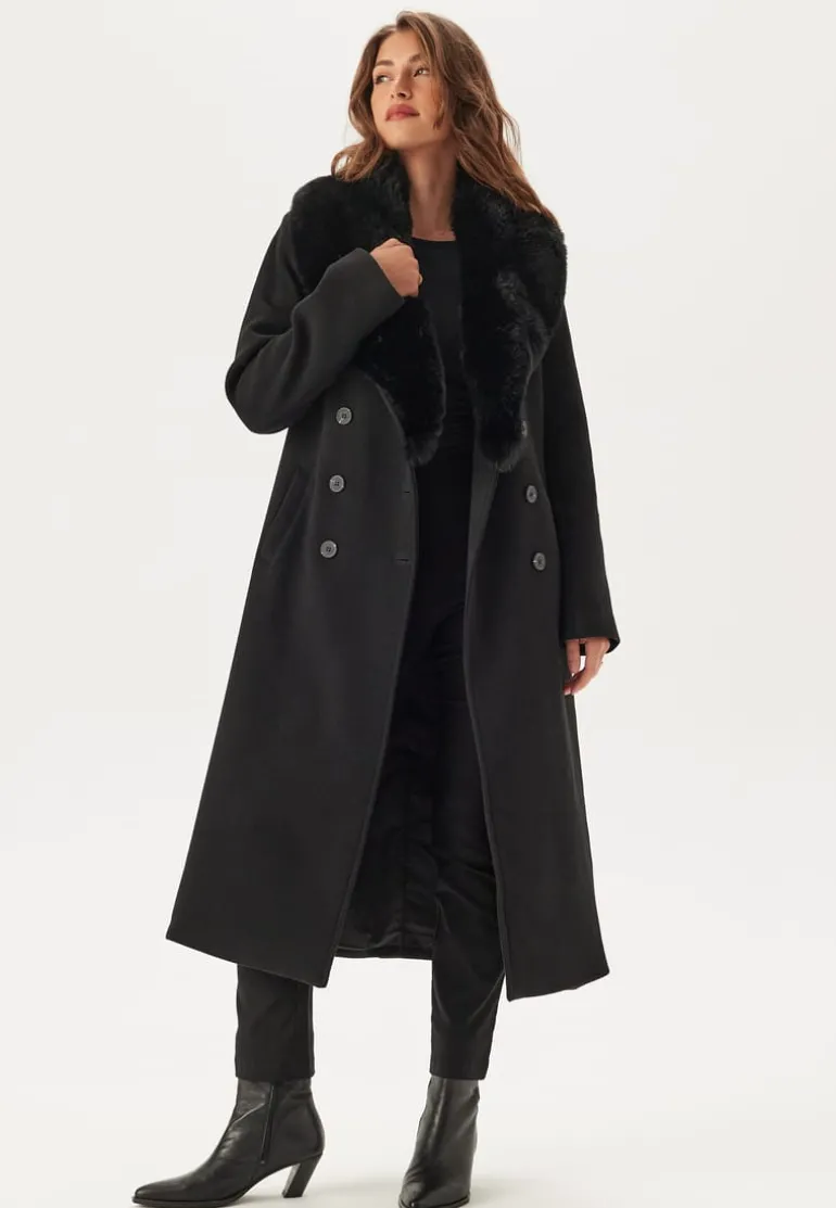 Fur Collar Belted Wool Blend Coat