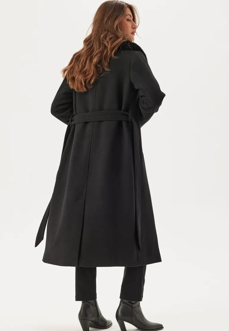 Fur Collar Belted Wool Blend Coat