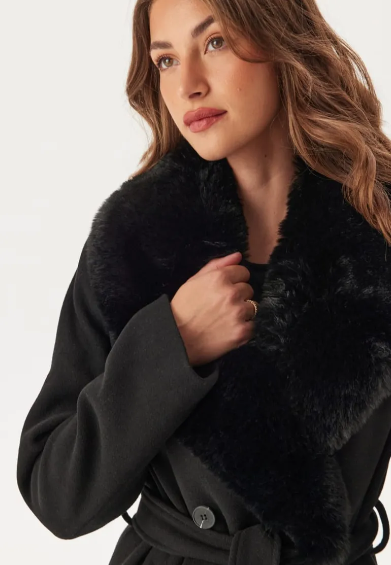 Fur Collar Belted Wool Blend Coat
