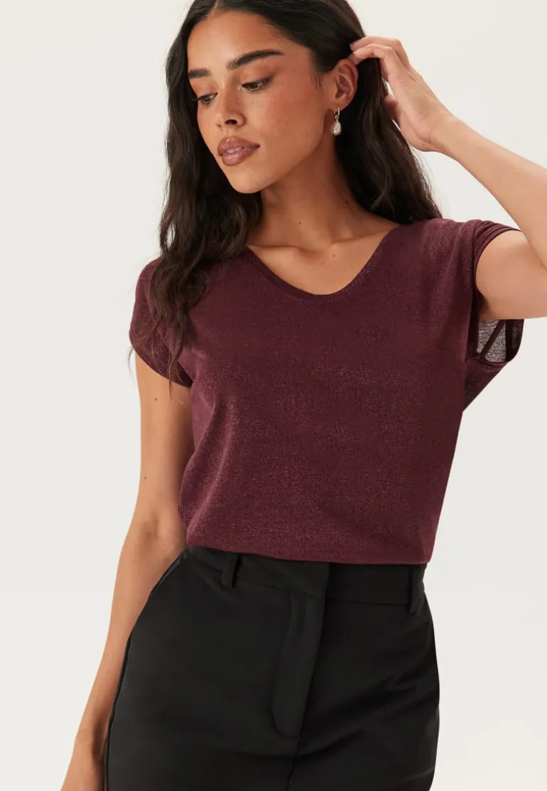 Onlsilvery S/S V Neck Lurex Top