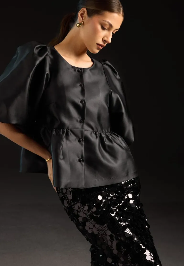 Puff Sleeve Peplum Satin Blouse