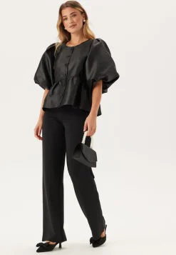 Puff Sleeve Peplum Satin Blouse