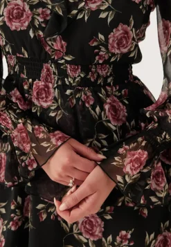 V-neck Frill L/S Chiffon Dress