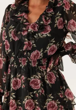V-neck Frill L/S Chiffon Dress